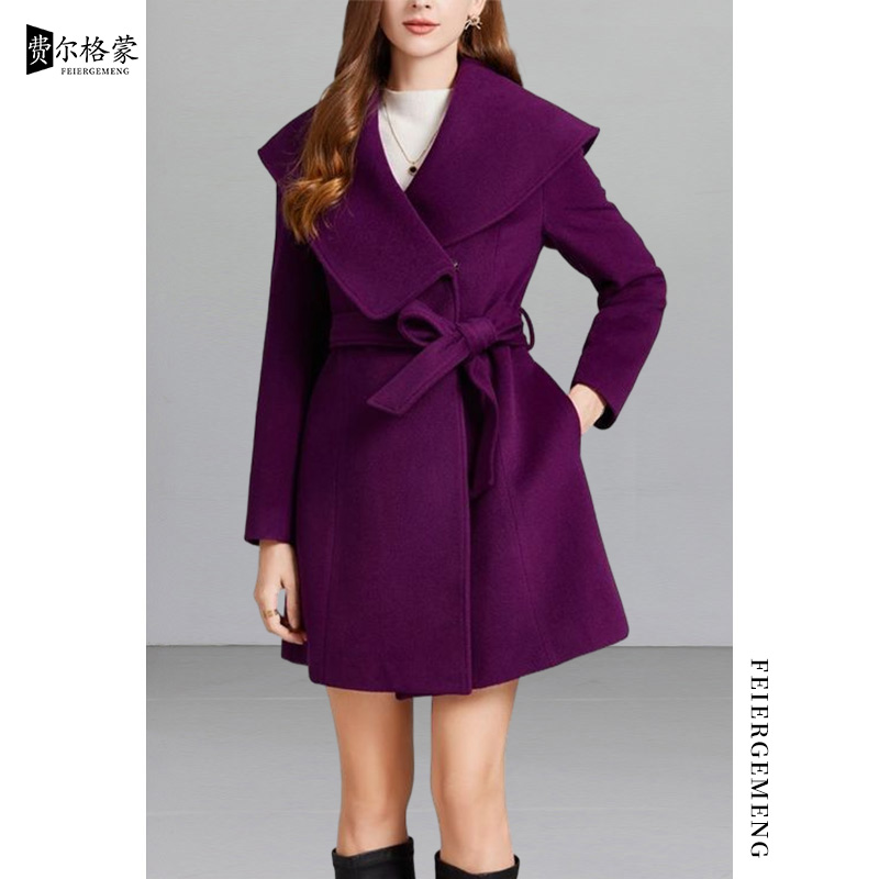 气质大翻领高贵紫色秋冬羊绒羊毛大衣女冬季新款呢子外套中长款潮