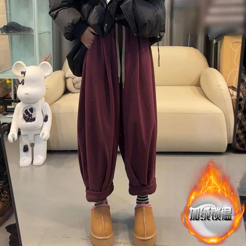 冬季新款加绒保暖运动裤女宽松显瘦束脚卫裤高腰休闲哈伦萝卜裤潮