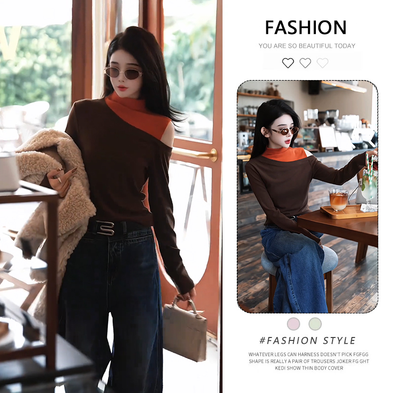 气质假两件长袖T恤女2025新款秋季高级感时尚洋气减龄露肩上衣潮