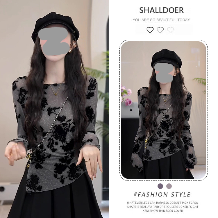 新中式水墨印花长袖t恤女春秋新款不规则开叉收腰显瘦打底衫上衣