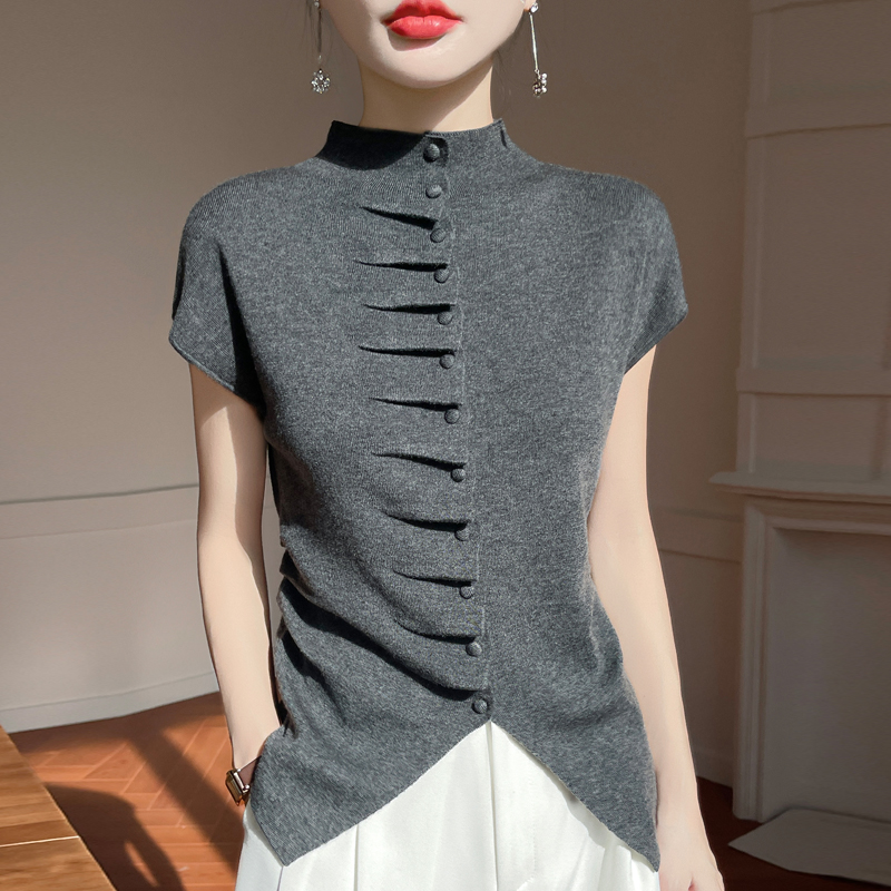 修身精纺羊毛褶皱不规则半高短袖时尚显瘦气质小众针织T恤短款夏