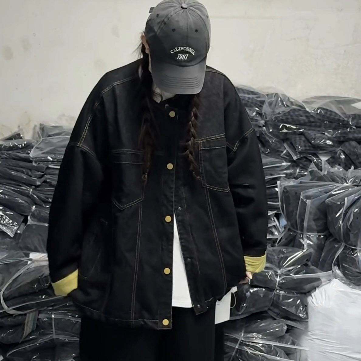 丑笑笑秋冬款韩版宽松大码胖mm慵懒休闲风圆领撞色牛仔棉衣外套