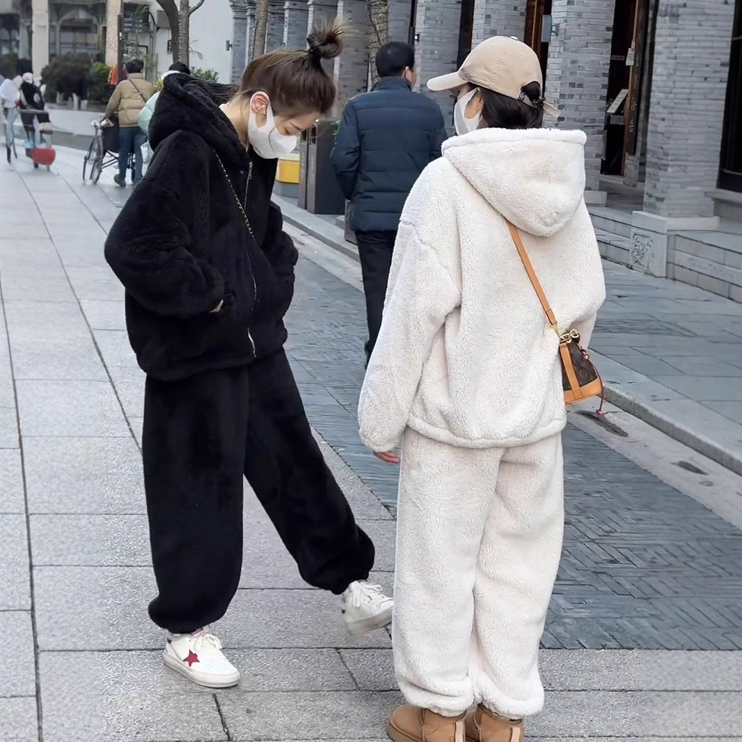 加绒保暖秋冬季家居服套装冬季长裤洋气纯色成人套装