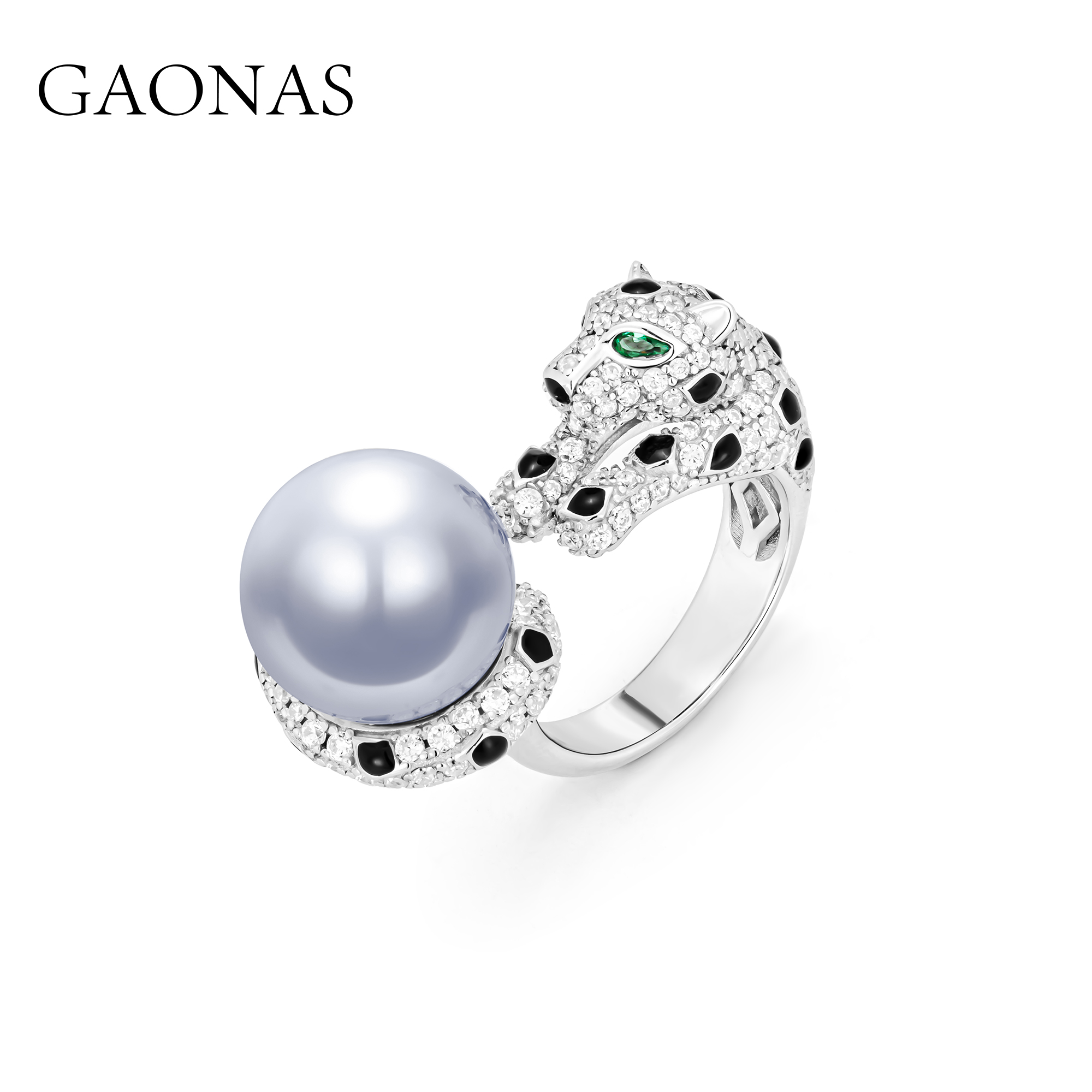 GAONAS 925银仿珍珠戒指 蓝雪明珠 豹子设计灰色珠开口戒 11192JG