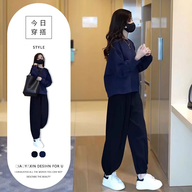 今年流行运动穿搭套装女春秋新款时尚显瘦卫衣黑色休闲裤两件套潮