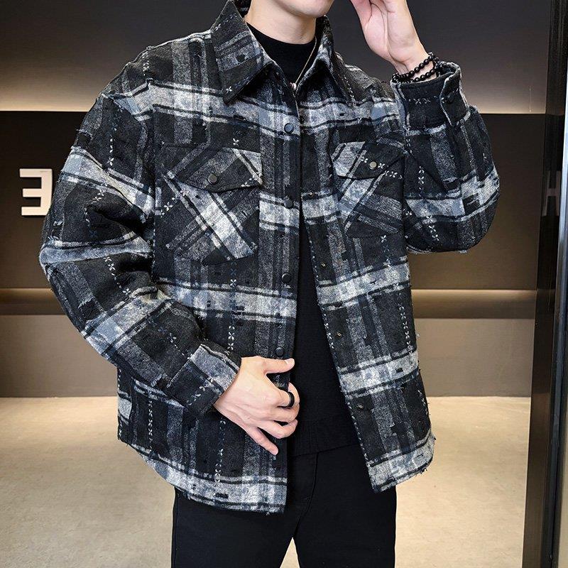 灏吉弧破洞格子衬衫羽绒服男冬季2025新款保暖白鸭绒男装外套