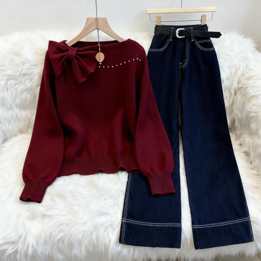 2025冬装新款法式显瘦蝴蝶结百搭针织衫复古洋气牛仔阔腿裤两件套