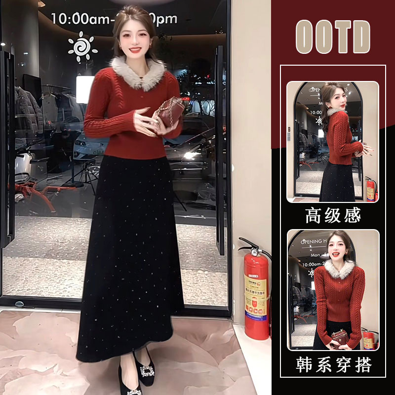 红色套头麻花针织加厚保暖上衣女2025秋冬百搭黑色半身裙两件套潮