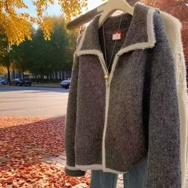 高级感灰色翻领冬季针织百搭毛衣外套春秋软糯慵懒拉链针织开衫女