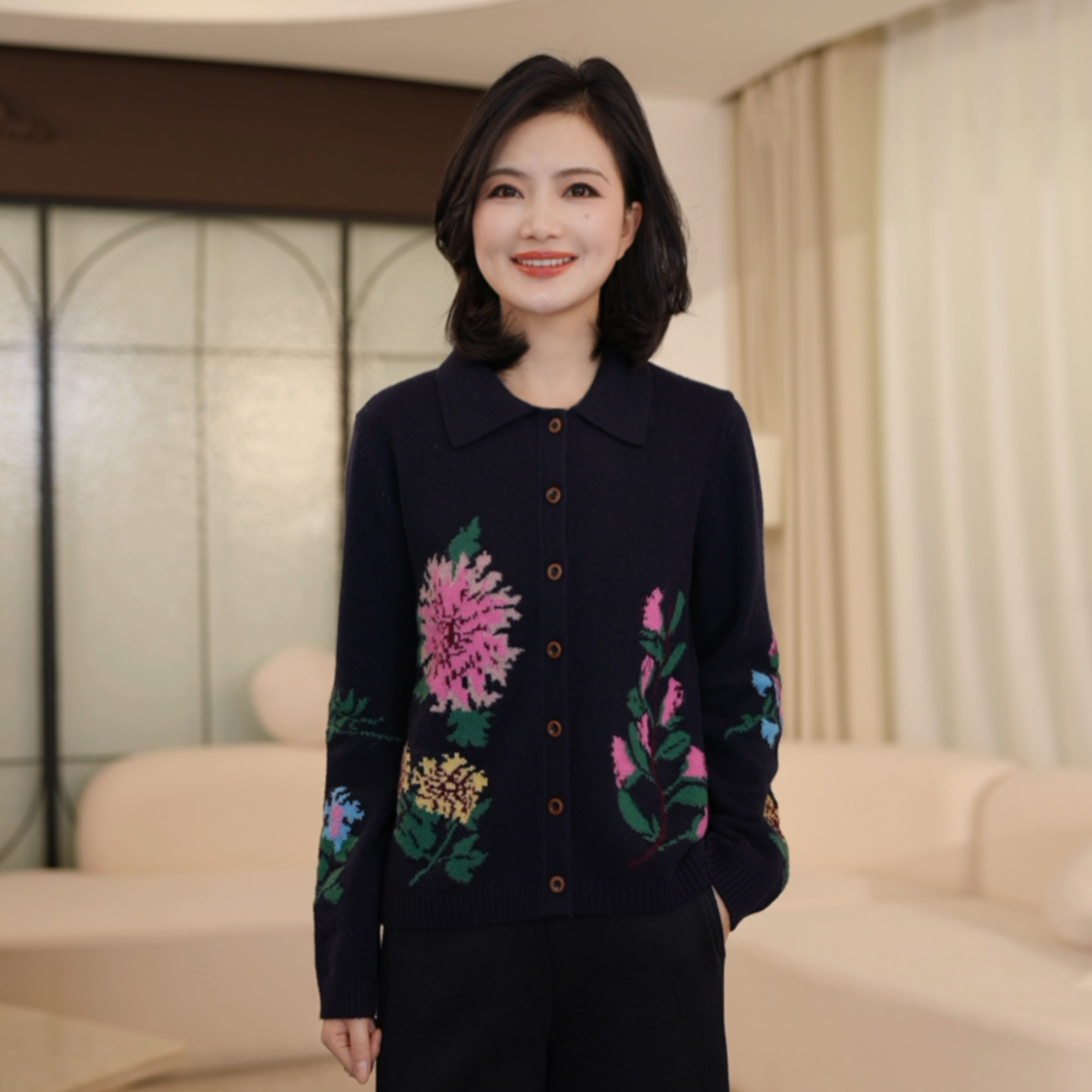 枫竺阿楠anan翻领提花女全羊毛加厚针织开衫毛衣女冬洋气高贵上衣