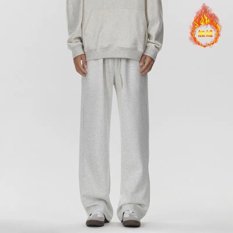 秋冬季加绒高街潮牌白灰色直筒休闲裤子男宽松运动长裤美式卫裤