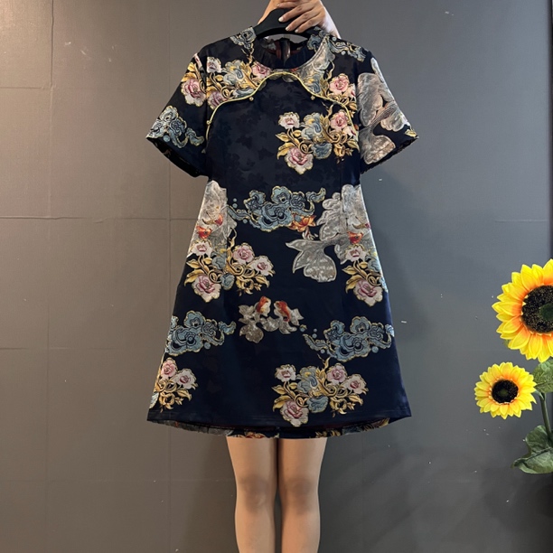 法式中式复古印花盘扣半袖气质显瘦改良版旗袍裙9106