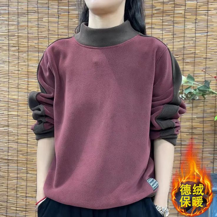 双面德绒秋冬款2025年宽松半高领休闲百搭撞色设计减龄长袖卫衣女