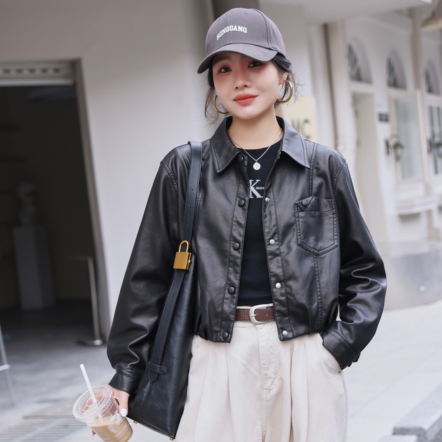 2025春装新款韩版翻领PU皮衣外套女小个子短款显瘦皮夹克上衣6125
