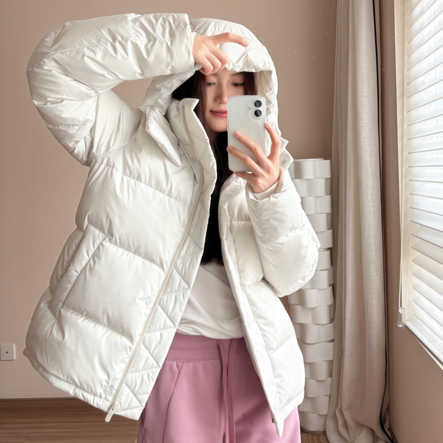 连帽五格羽绒服爆款2025新款正品90白鸭绒短款女小个子面包服