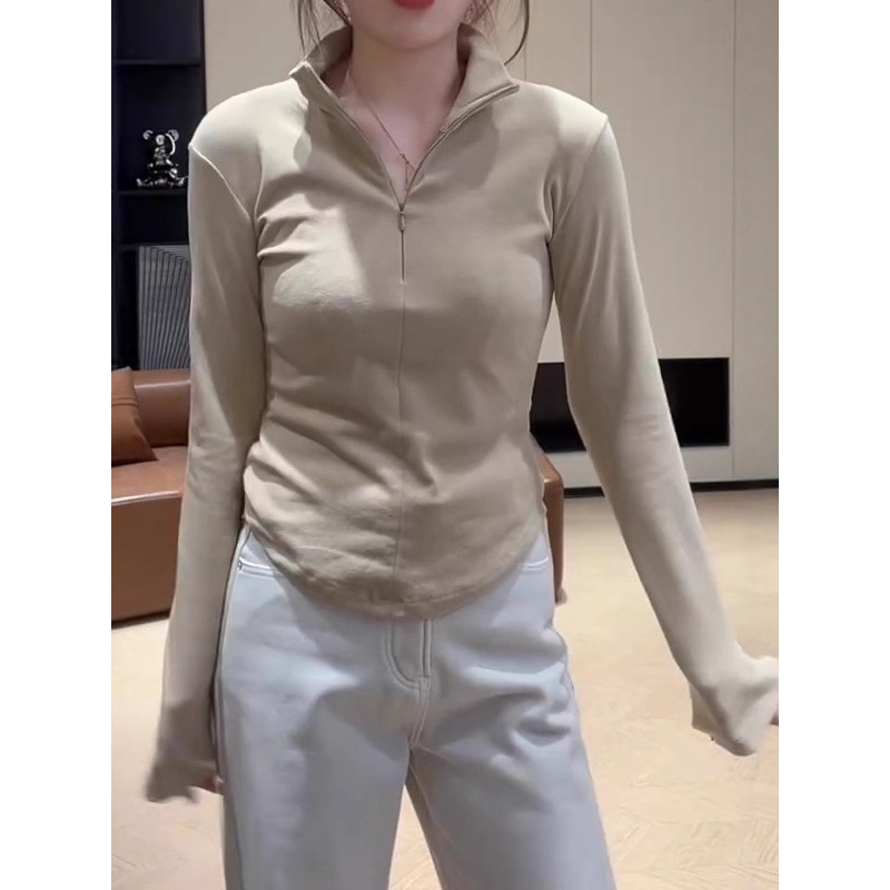 大码女装立领半拉链长袖T恤秋冬季胖MM设计感修身显瘦打底衫上衣