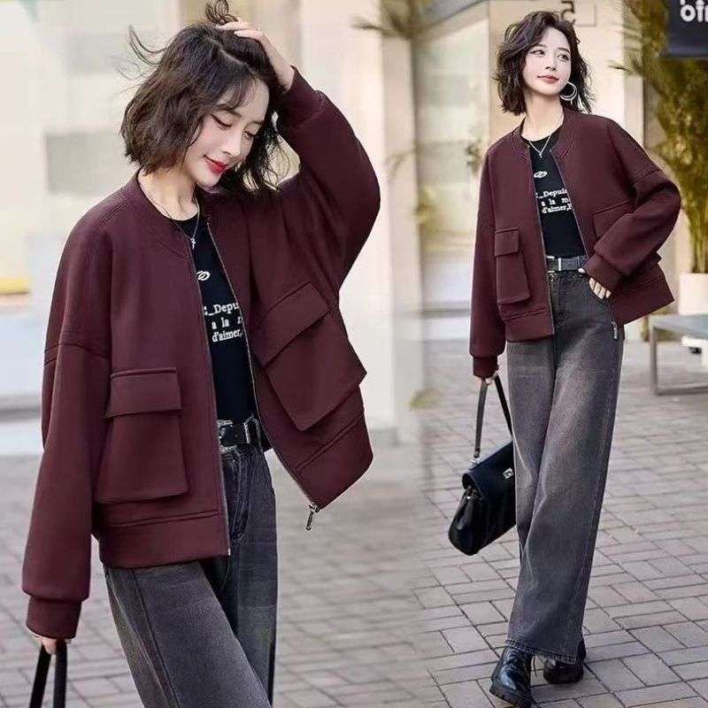 安可拉红休闲百搭立领外套女短款2024春秋季时尚宽松显瘦开衫卫衣