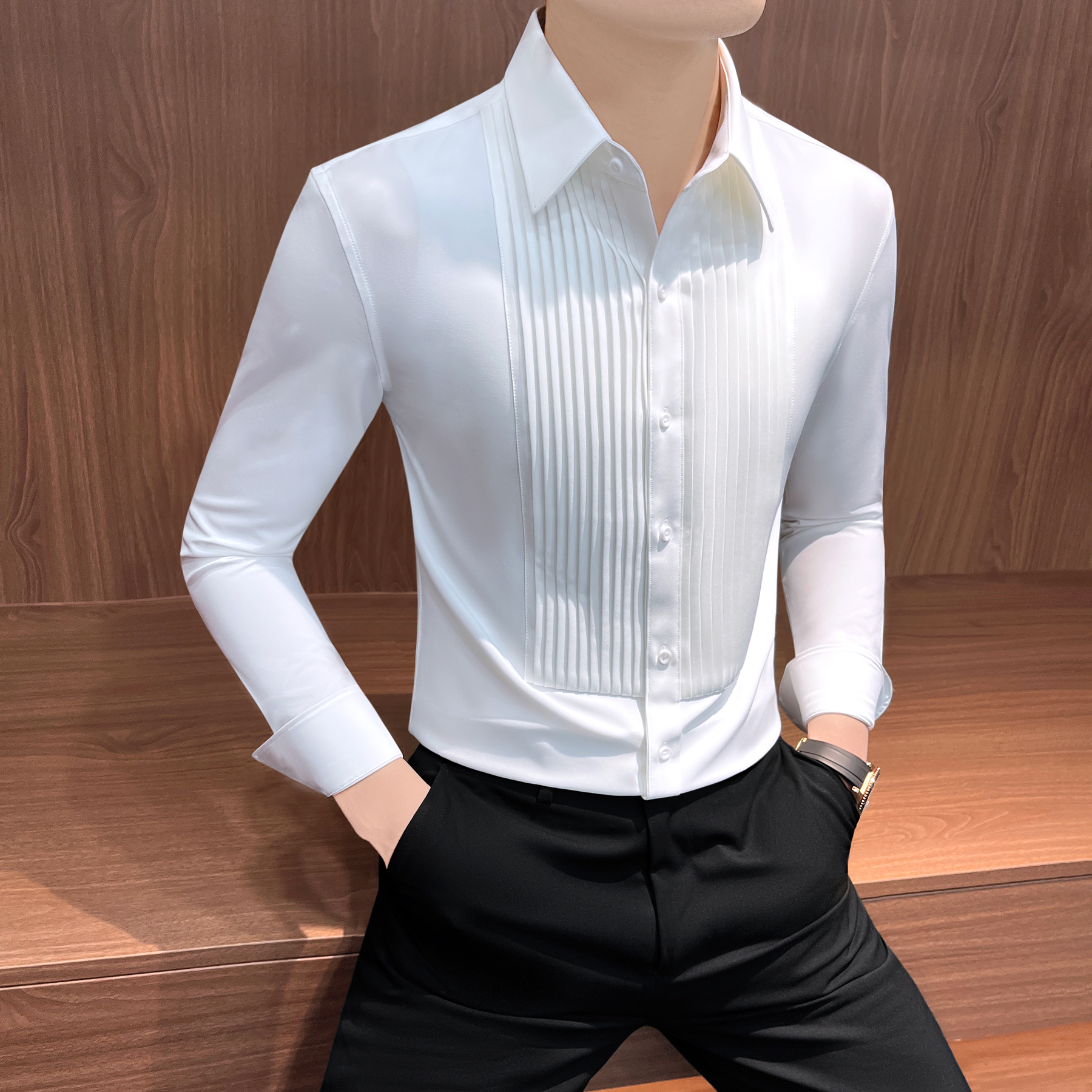 褶皱拼接衬衫男士爆款2025秋季款痞帅高级感商务白色结婚长袖衬衣