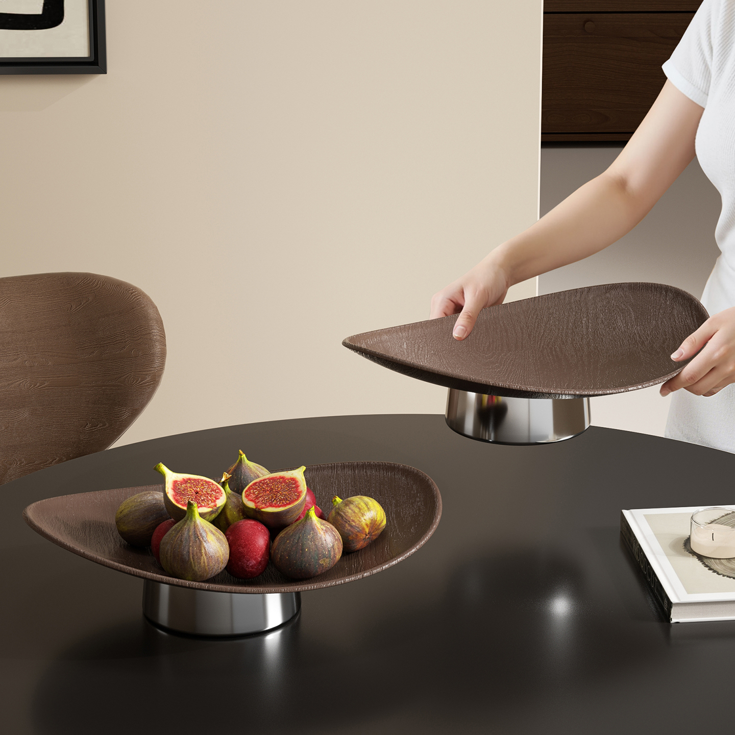 中古风美式高级感塑木轻奢果盘客厅原木风收纳盘茶几水果摆盘