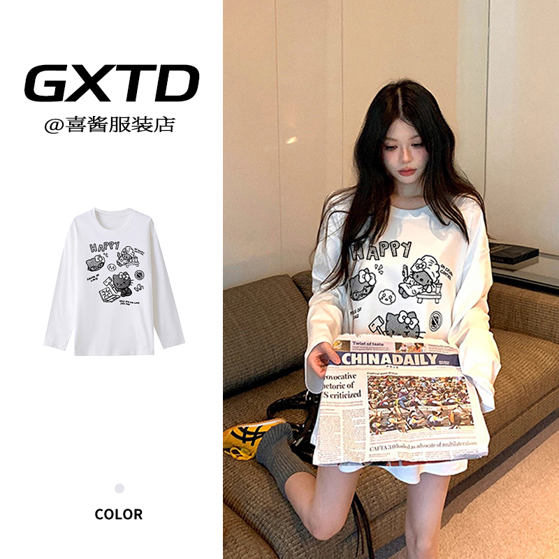 白色可爱甜美风Kitty猫印花圆领长袖T恤女秋季宽松慵懒风休闲上衣
