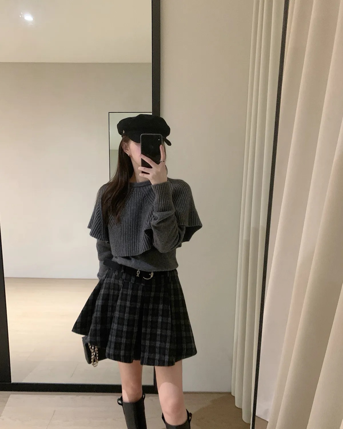 韩系时尚套装斗篷假两件长袖针织衫毛衣女装秋季格纹半身裙两件套