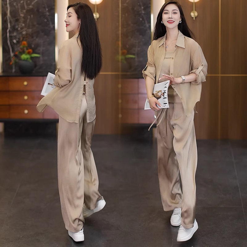 拉夏贝尔时尚洋气防晒衬衣套装女夏2025夏季新款垂感阔腿裤三件套