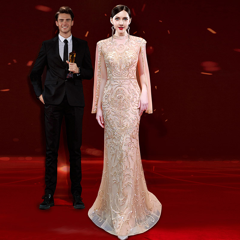 9295高端年会主持人晚宴轻奢高级感宴会气质香槟色鱼尾晚礼服裙女