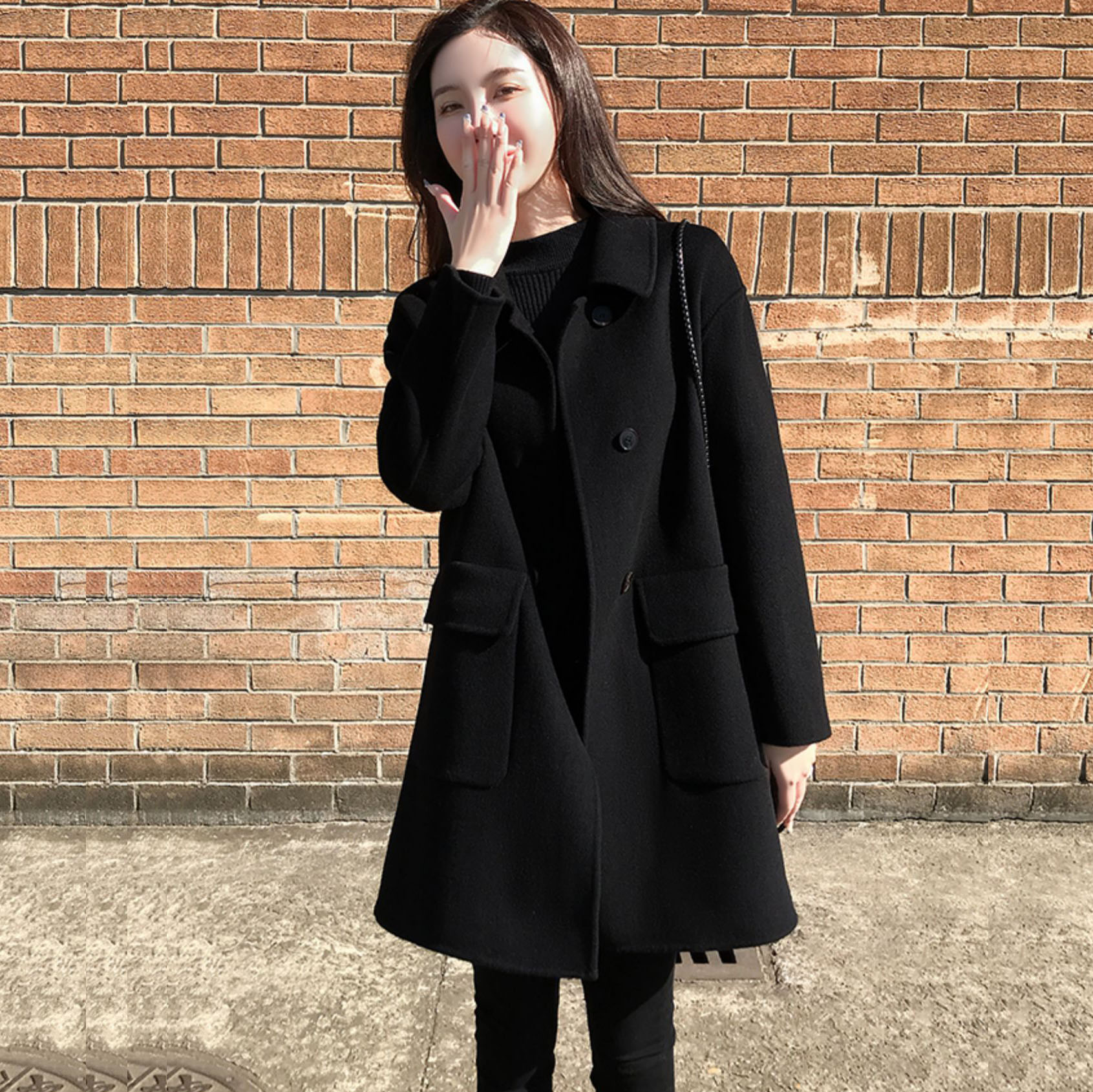 黑色修身大衣毛呢外套呢大衣加厚黑色显瘦双排扣呢大衣