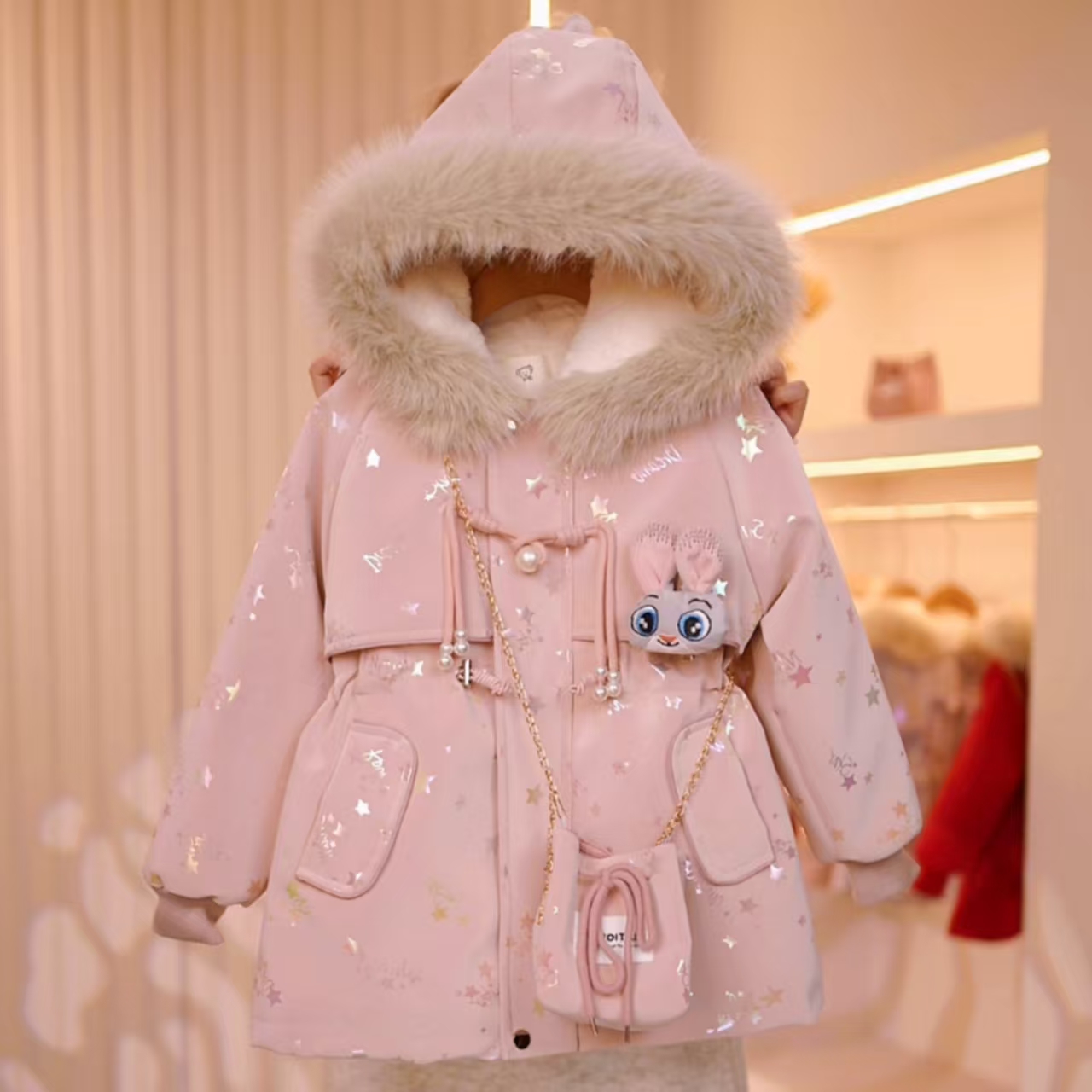 M【璀璨星空.免洗皮衣】女童时尚儿童加绒加厚星星冬季派克服