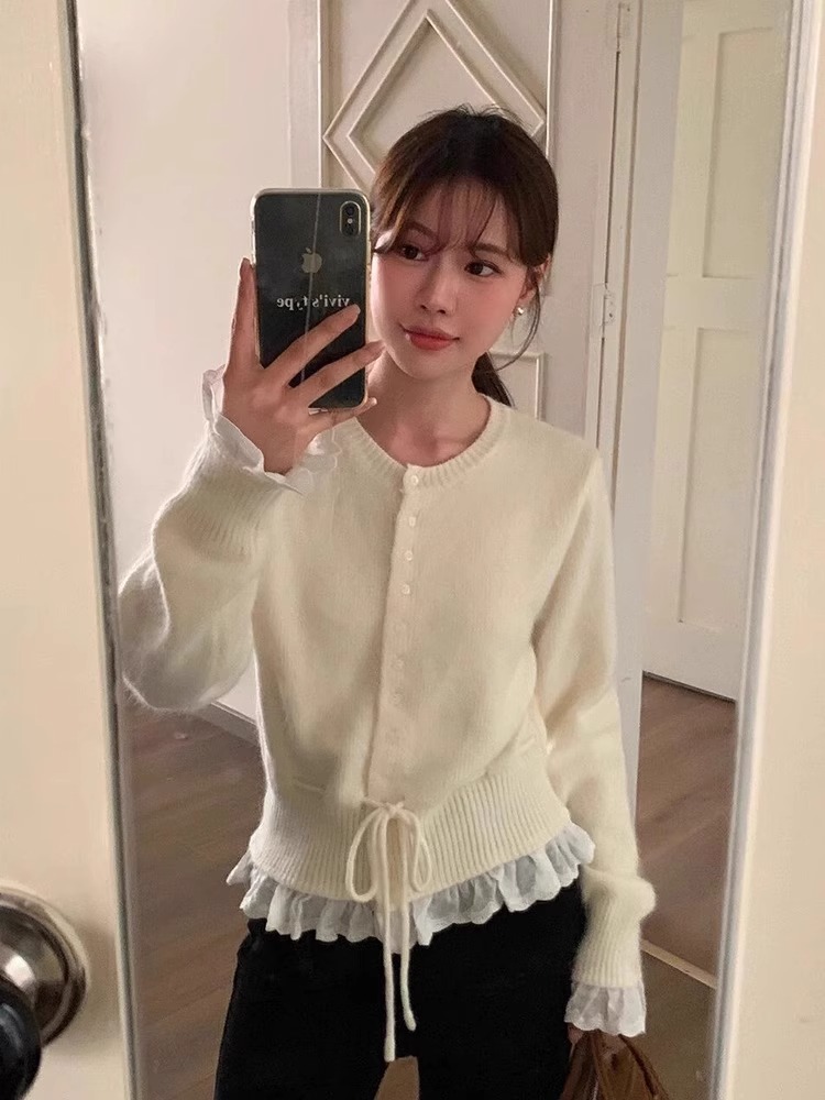 韩系温柔风圆领蕾丝拼接长袖毛衣外套女秋冬新款抽绳收腰针织上衣