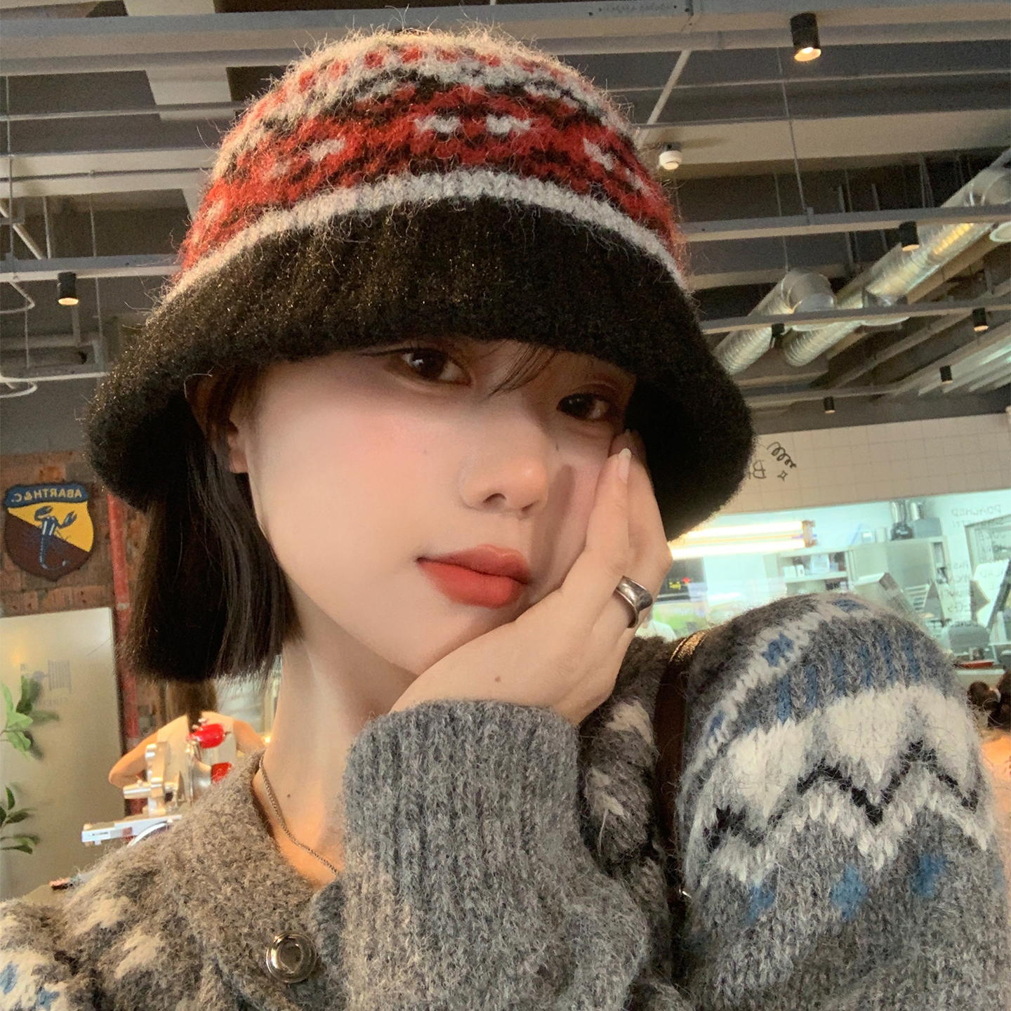 费尔岛风针织撞色渔夫帽子女2025新款秋冬显脸小加厚保暖毛线盆帽