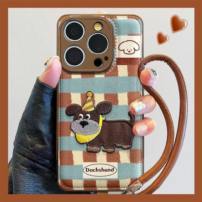 拼接格纹腊肠狗挂绳适用苹果17promax/16手机壳小米vivo华为oppo