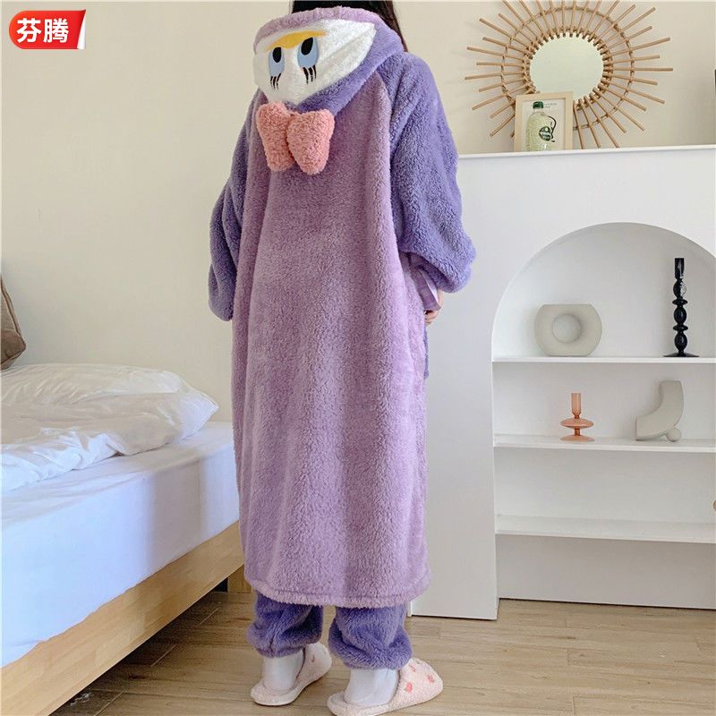 芬腾正品【清仓】唐老鸭睡袍加绒加厚珊瑚绒睡衣女冬季长款睡睡衣