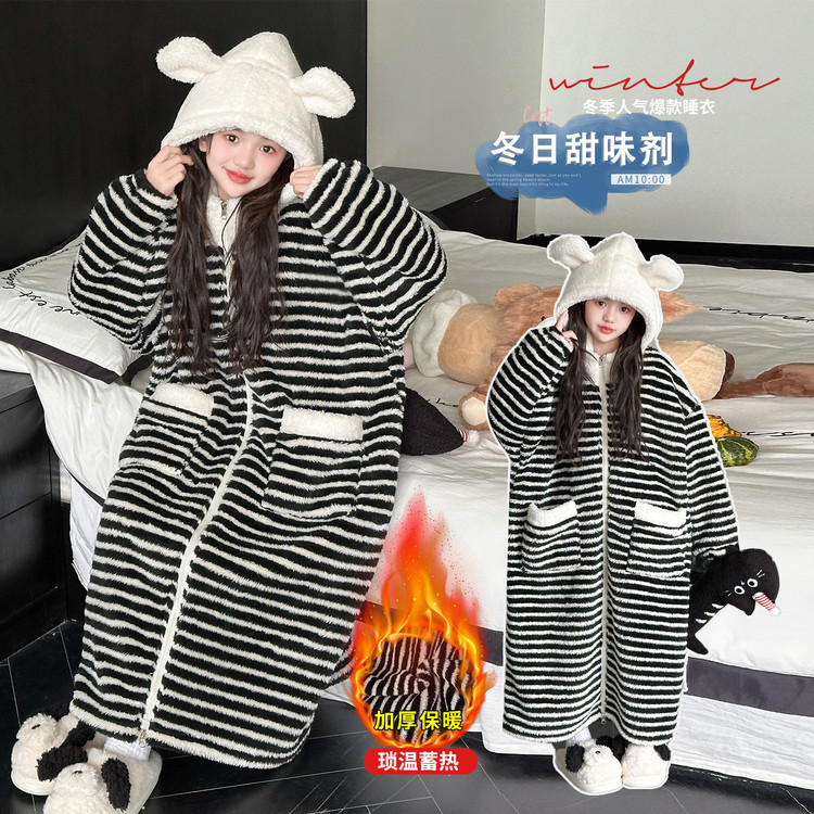 儿童秋冬睡衣睡袍6-15岁冬季新款女孩加厚法兰绒女童珊瑚绒家居服