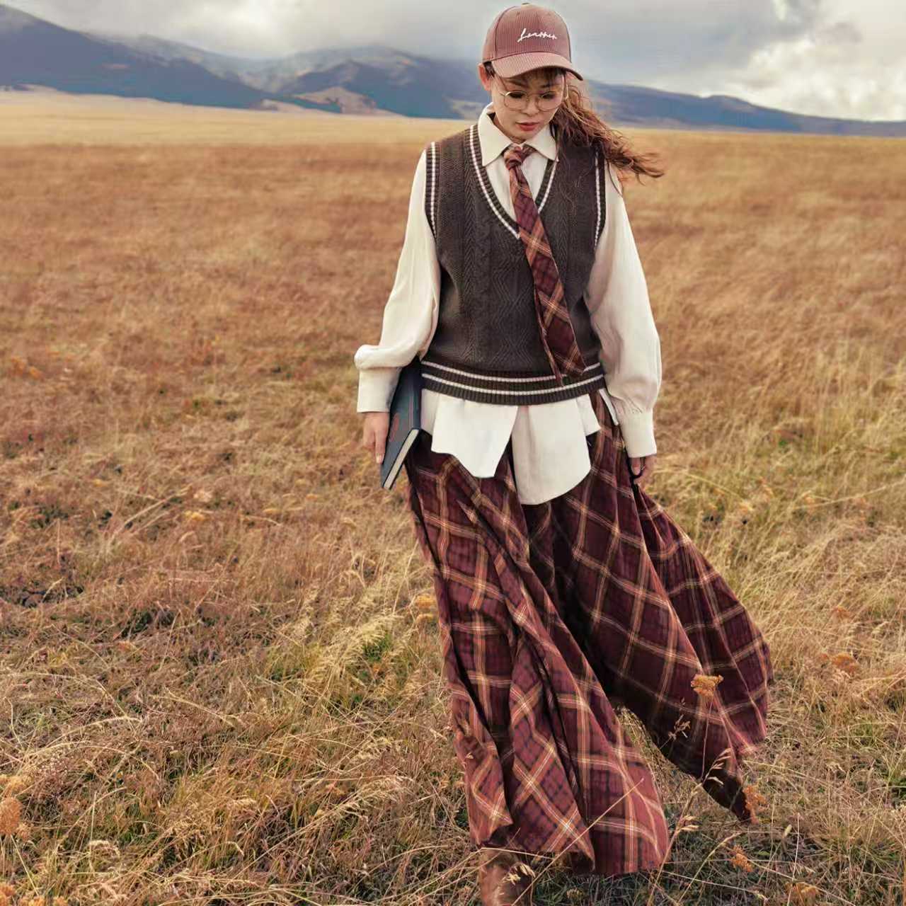 【董艺旅行穿搭】哈利波特·格子半身裙大摆裙学院风英伦范秋冬长裙