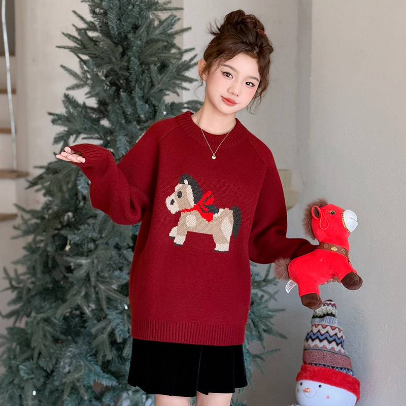 女童女孩秋冬款韩式新年服圆领红色中大童加厚保暖儿童冬装潮