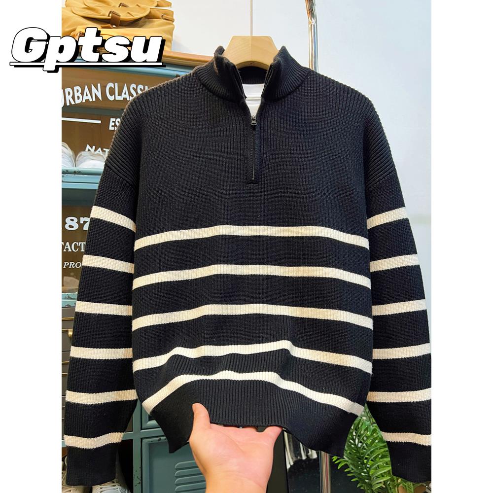 GPTSu男士高领毛衣秋冬新款休闲内搭线衣条纹立领宽松大码针织衫