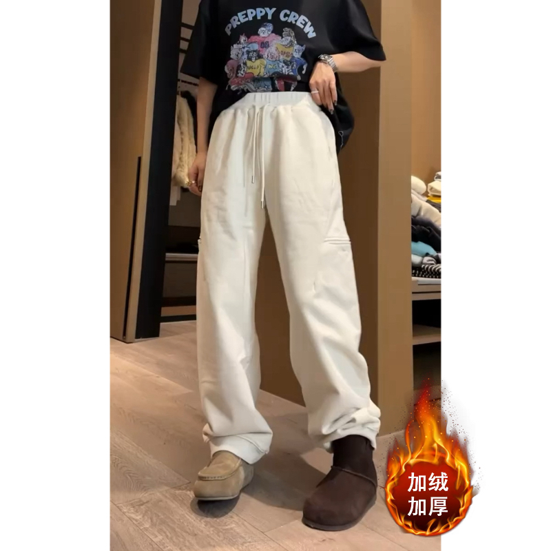 大码女装冬季加绒抽绳时尚休闲裤梨形身材设计感遮胯显瘦阔腿卫裤