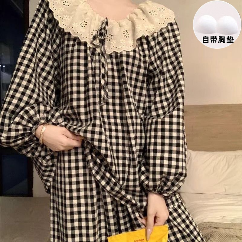 花边甜美少女风家居服套装春秋自带胸垫韩版网红小清新蕾丝睡衣女