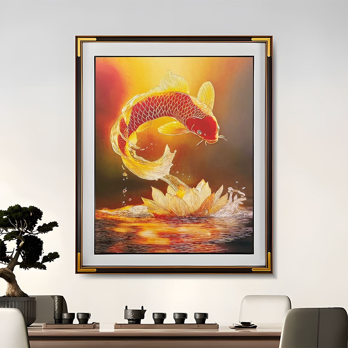 中式装饰画鱼跃龙门皮雕画餐边柜玄关客厅挂画现代样板房锦鲤6080