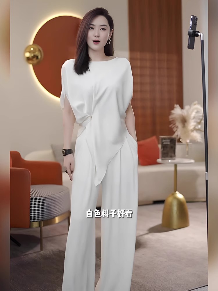 大码白色时尚套装女胖mm盐系轻熟气质不规则上衣阔腿裤夏装一整套