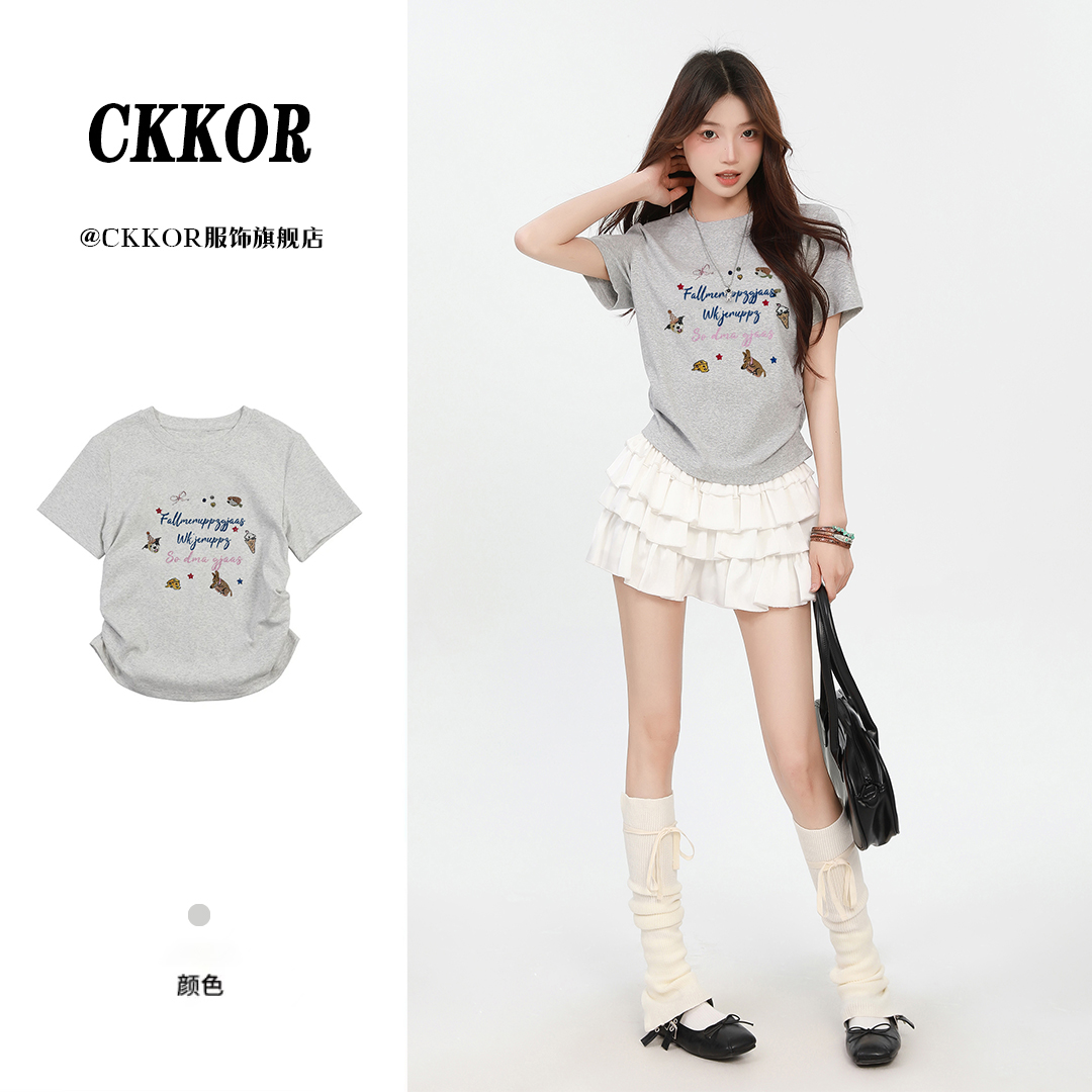 CKKOR夏季新款短款修身显瘦短袖女t恤辣妹风法式小众高级感上衣服