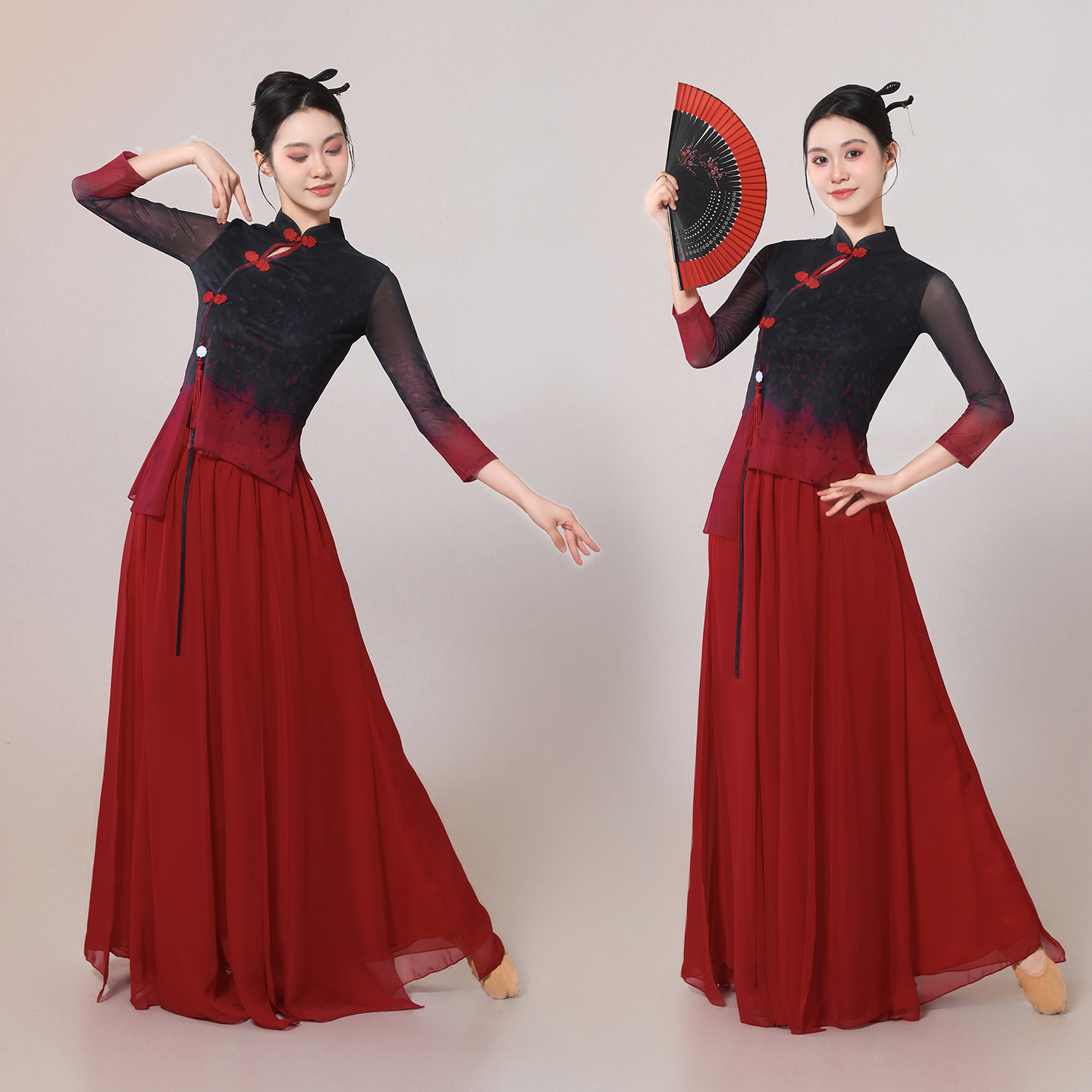 新款古典舞蹈服中国红民族风飘逸大摆裙扇子舞伞舞练功演出表演服