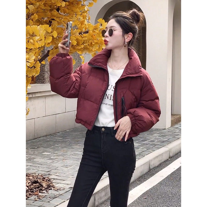 酒红色加厚棉服外套女士冬季新款超好看小个子立领保暖短款面包服