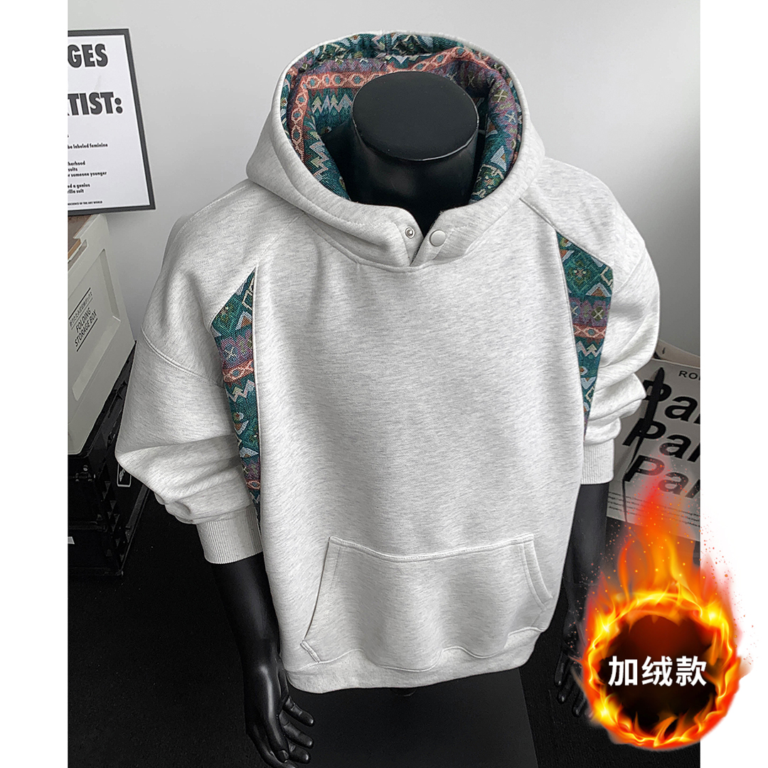 秋冬新款民族风刺绣拼接卫衣男小众设计感按扣立领连帽上衣外套潮