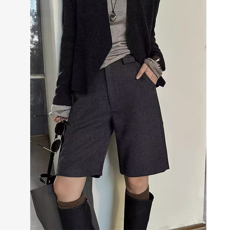 高腰冬季加厚毛呢短裤女加厚直筒裤休闲时尚百搭五分裤潮流阔腿裤