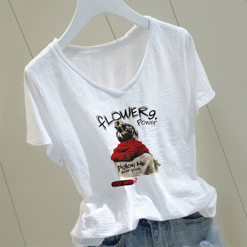 竹节棉卷边V领宽松纯棉短袖t恤女士夏季印花气质洋气时尚显瘦女装