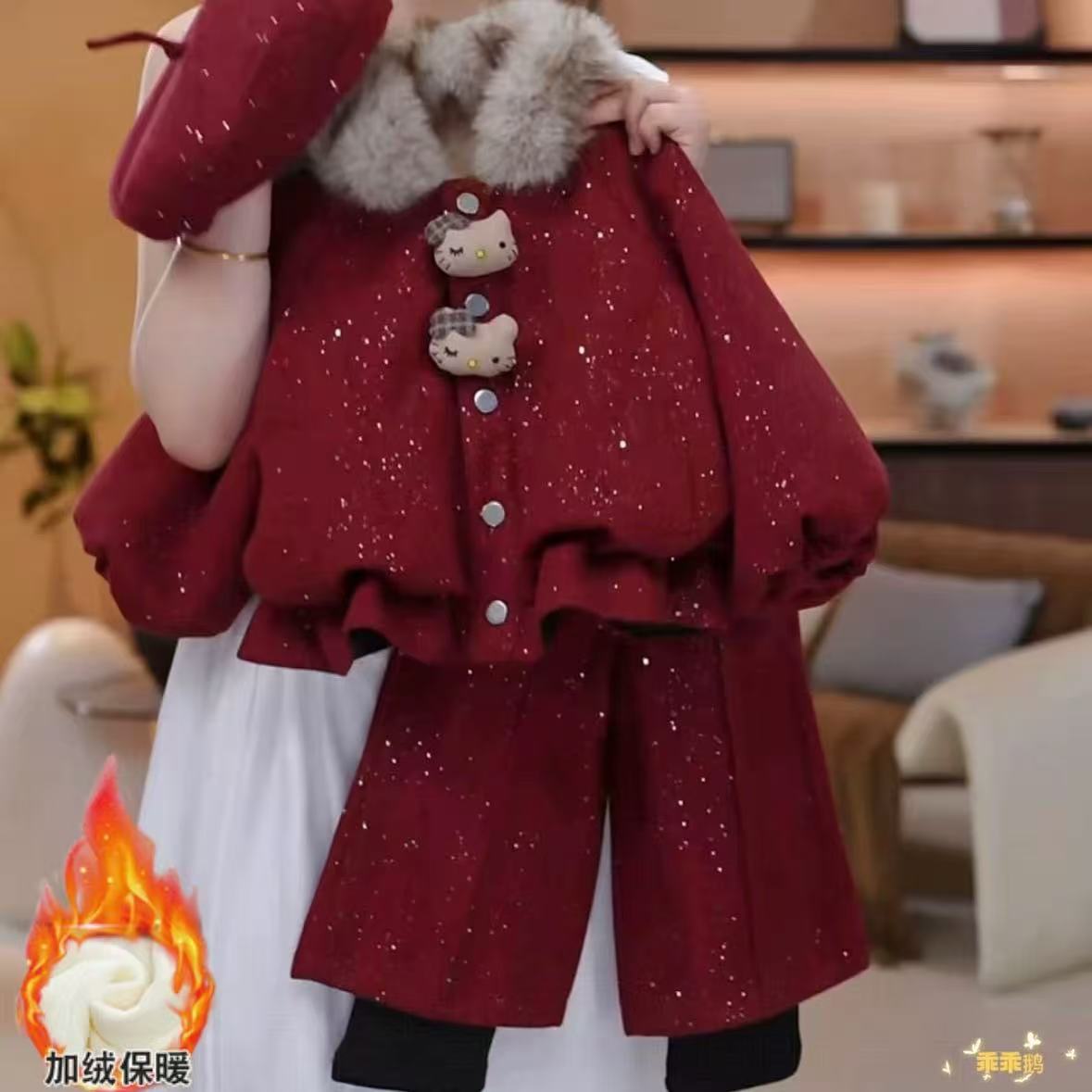 女童年服套装冬季2026新款洋气国风中式冬装加绒加厚拜年服两件套