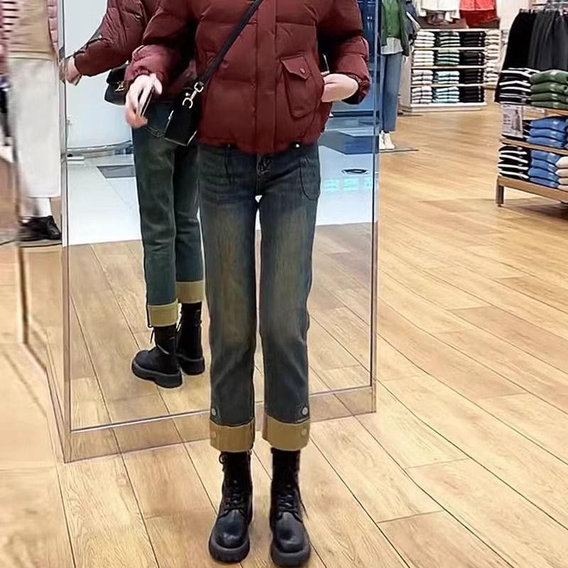 小个子大码卷边牛仔烟管裤女秋冬高腰弹力显瘦直筒裤八分九分裤厚