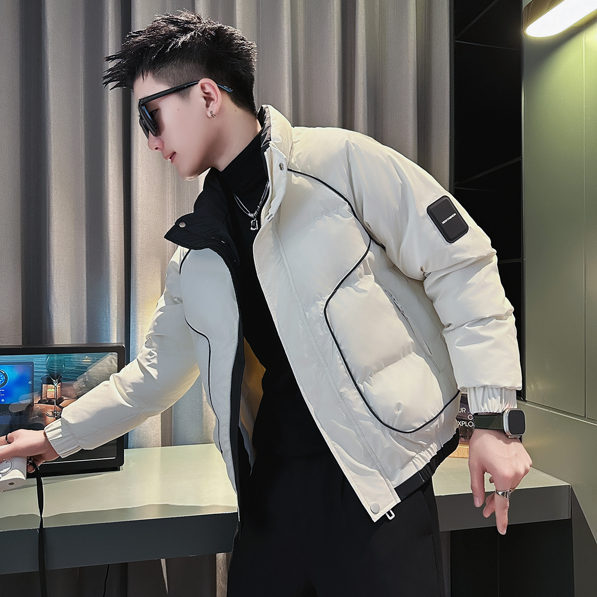 高级感潮牌撞色棉服男2025新款冬季时尚痞帅休闲保暖男士棉衣外套